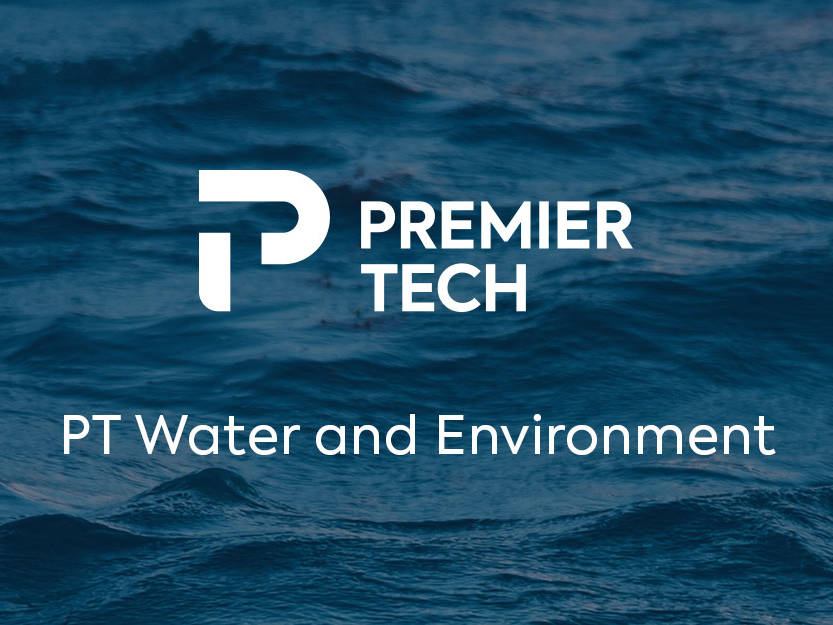 Premier Tech Water and Environment-logotypen ovanpå en bild av blått vatten.
