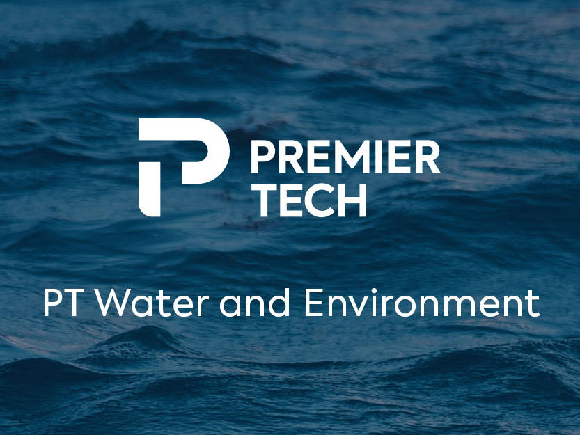 Premier Tech Water and Environment logo superimposed on an image of blue water.