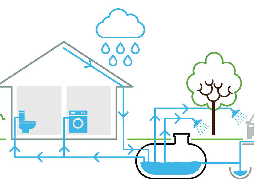 Ilustración que muestra cómo se puede utilizar el agua de lluvia recolectada.