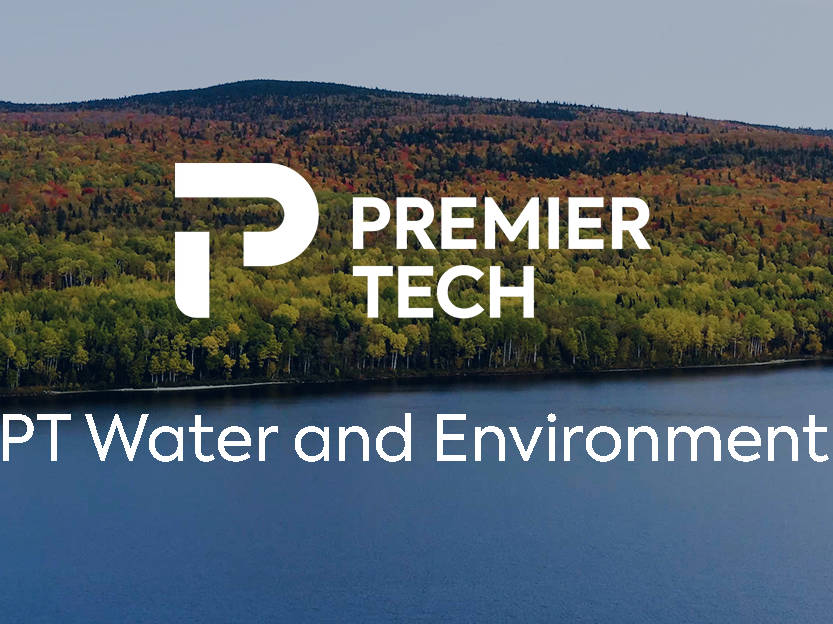 Premier Tech Water and Environment logo superimposed on an image of a shoreline.