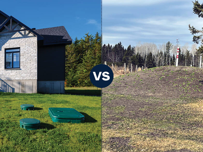 Image comparant une installations septique Ecoflo à un filtre à sable hors-sol