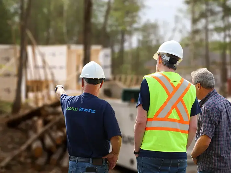 Homeowner with professionals from Premier Tech Water and Environment in front of a septic system in Ontario.