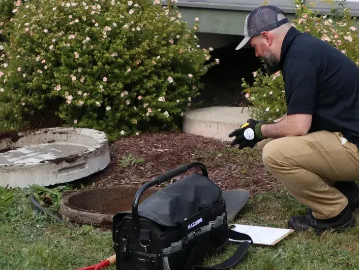 Premier Tech technician inspecting an ageing septic tank.