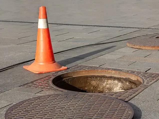 Ecoflo septic system lids installed on a rural property versus public sewer manhole lids installed on a city street.