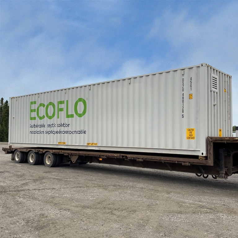 ecoflo xl mobile green septic system in a shipping container