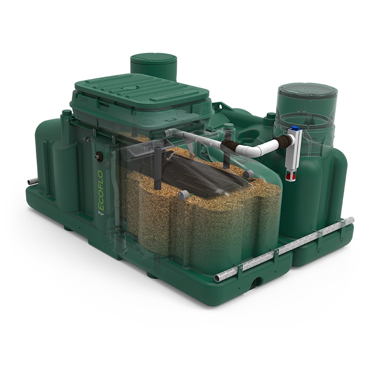 Transparent view of the polyethylene Pack model of the Ecoflo biofilter septic system.