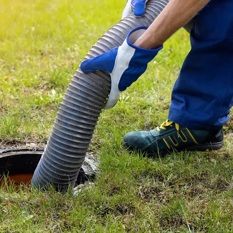 Septic pumper using a hose to empty sludge from a residential septic tank.