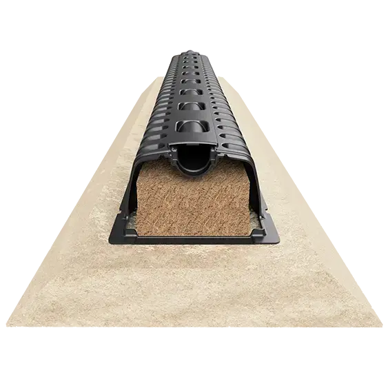 View inside the Ecoflo linear biofilter, including its filter mattress made of coconut husk fragements.