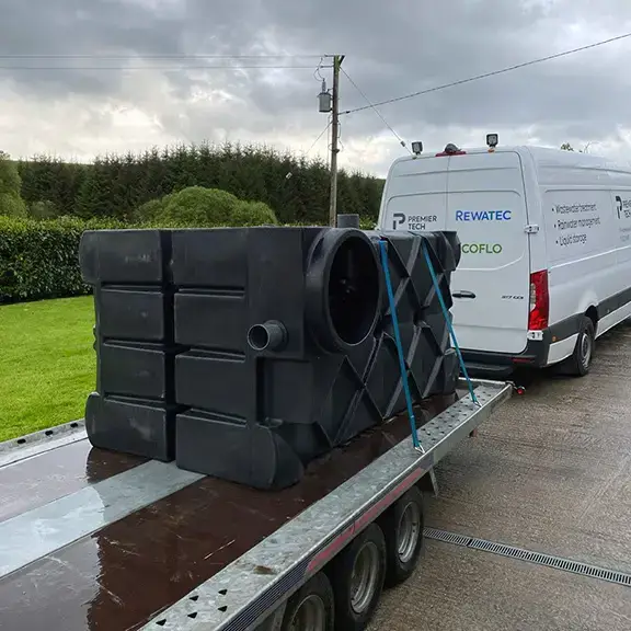 Rewatec F-Line rainwater harvester delivery in Ireland.
