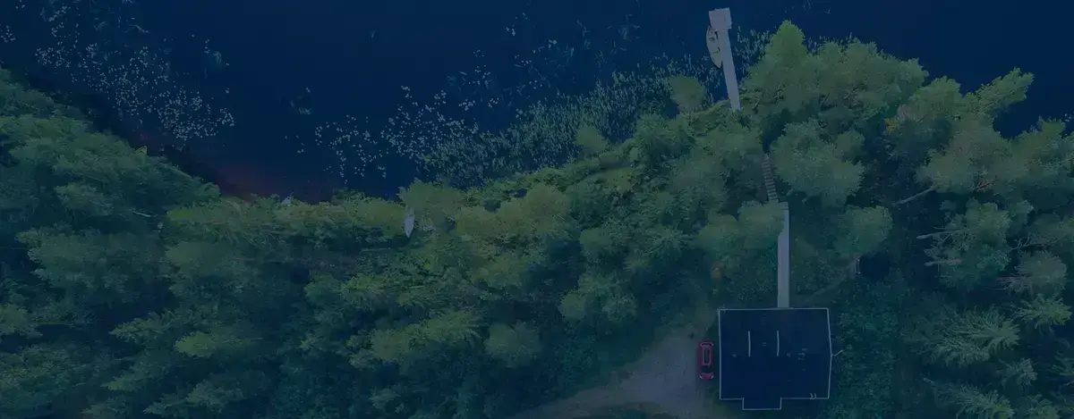 Cabin in a forest near the water.