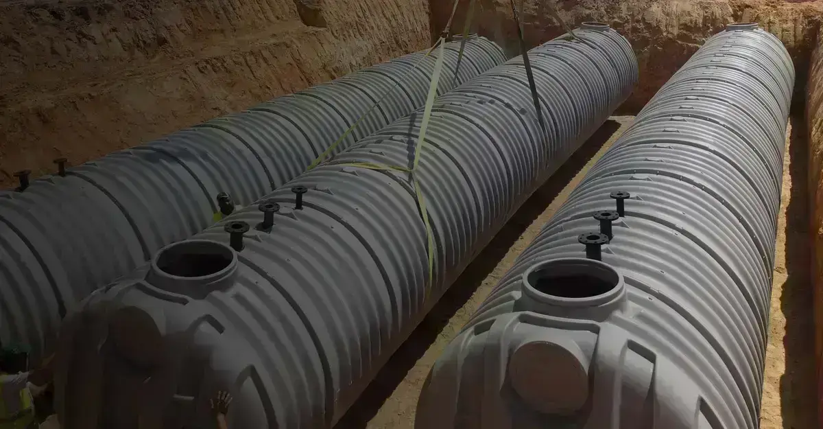 Instalación de tres tanques subterráneos de almacenamiento de agua Rewatec.