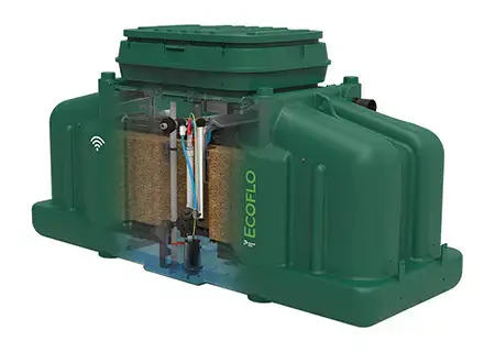 Polyethylene Ecoflo biofilter septic system with the Rewatec UV wastewater disinfection unit integrated in the tank.