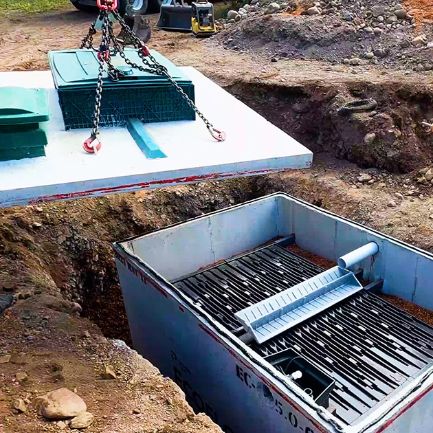 Installation d'un biofiltre Ecoflo en béton dans le sol.