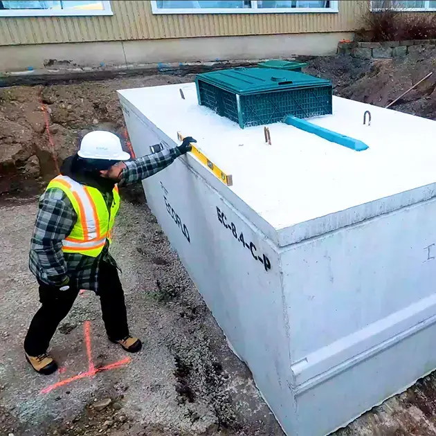 Installation d'un biofiltre Ecoflo en béton dans le sol.