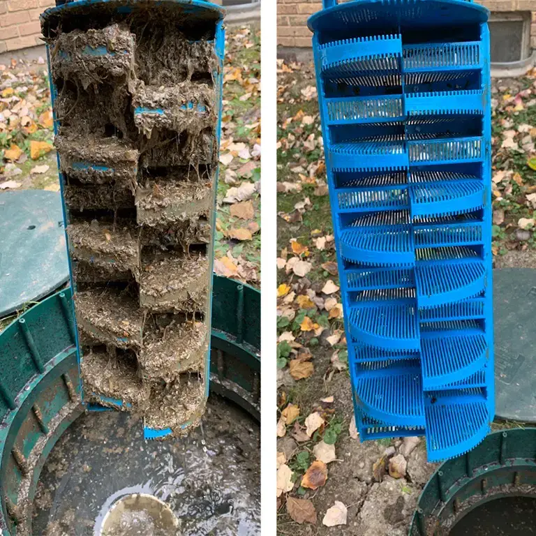 Septic tank effluent filter before and after cleaning.