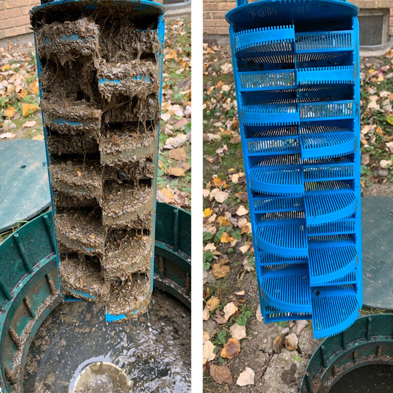 Septic tank effluent filter before and after cleaning.