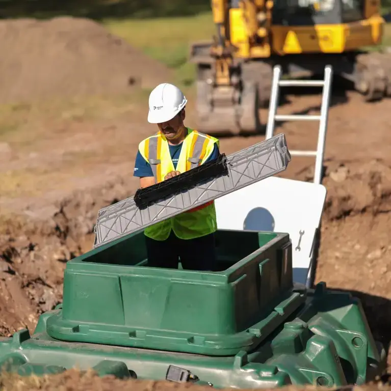 The non-mechanical tipping bucket in the Ecoflo compact biofilter.
